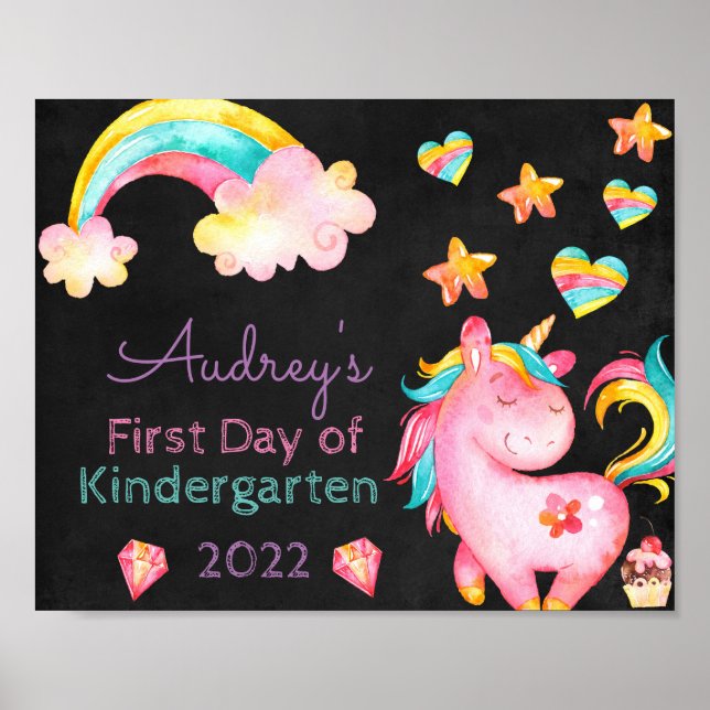 Unicorn & Rainbows First Day of School Chalkboard Poster (Front)