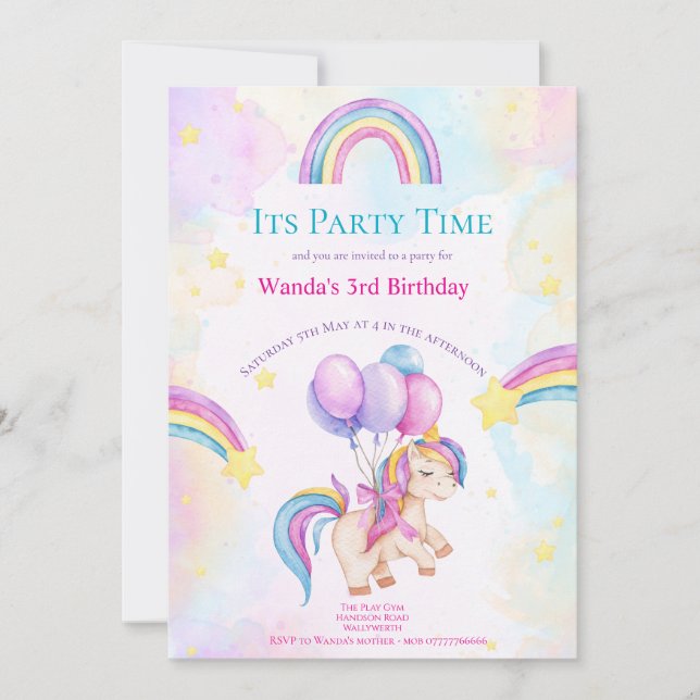 Unicorn & Rainbows Kids' Party Invitation (Front)