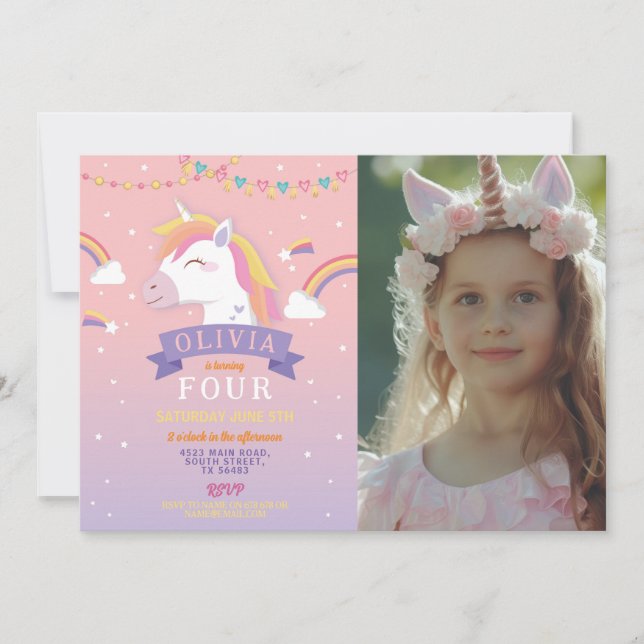 Unicorn Rainbows Photo Birthday Party Pink Stars Invitation (Front)