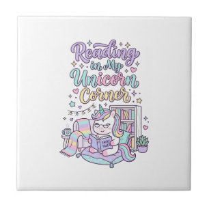 Unicorn Reading in My Unicorn Corner Cute Pastel T Tile