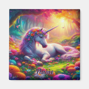 Unicorn Resting in a Vibrant Enchanted Forest Magnet