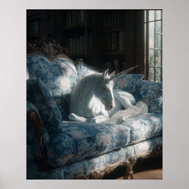 Unicorn Resting on Floral Sofa Poster (Front)