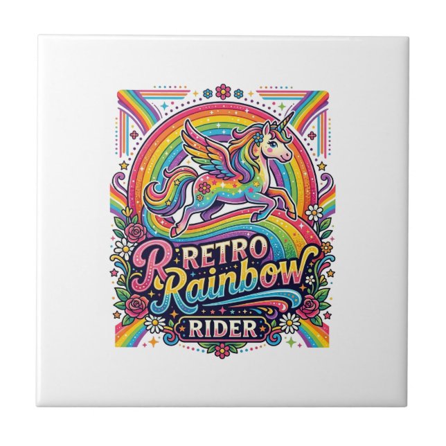 Unicorn Retro Rainbow Rider Tile (Front)