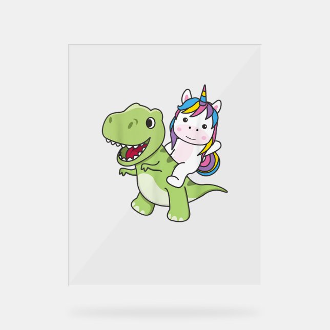 Unicorn Rides On Trex Cute Dinosaur With Unicorns  Acrylic Sign (Front)