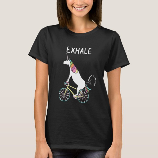 Unicorn Riding Bike Exhale  Rider Cycling Cyclist T-Shirt (Front)