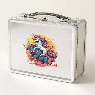 Unicorn Riding Bull Boys Girls Men Women Kids Rain Metal Lunch Box