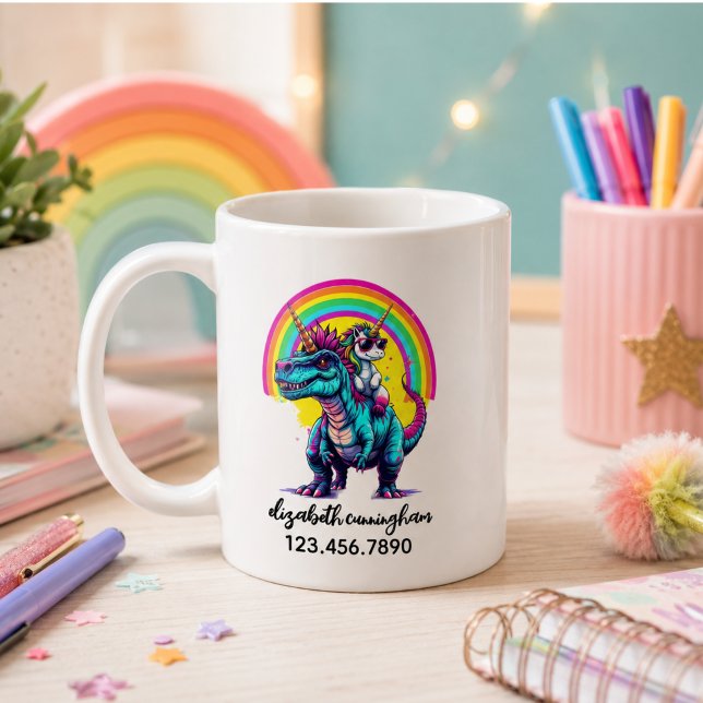 Unicorn Riding Dinosaur Rainbow Name school Coffee Mug (Unicorn Riding Dinosaur Rainbow Name school Coffee Mug)