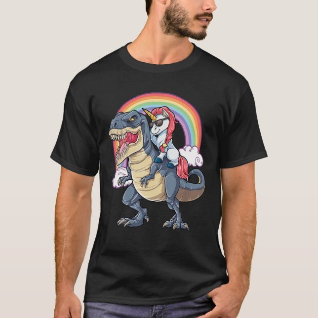 Unicorn Riding Dinosaur T Rex Boys Girls Kids Rain T-Shirt (Front)