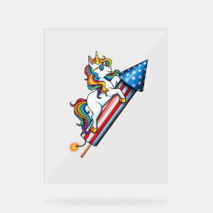 Unicorn Riding Fireworks American USA Flag 4th of Acrylic Sign