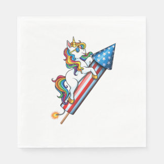 Unicorn Riding Fireworks American USA Flag 4th of  Napkin