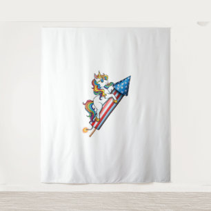 Unicorn Riding Fireworks American USA Flag 4th of  Tapestry
