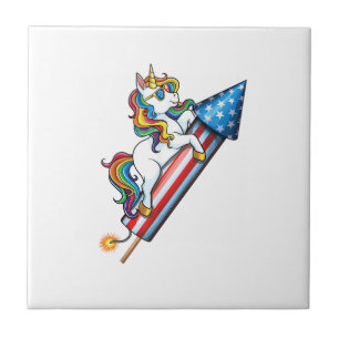 Unicorn Riding Fireworks American USA Flag 4th of Tile