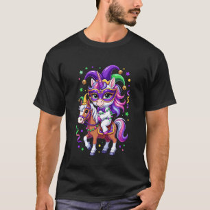 Unicorn Riding Horse Mardi Gras Beads Masked Jeste T-Shirt