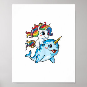 Unicorn Riding Narwhal Funny Women Rainbow Unicorn Poster