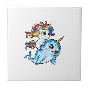 Unicorn Riding Narwhal Funny Women Rainbow Unicorn Tile