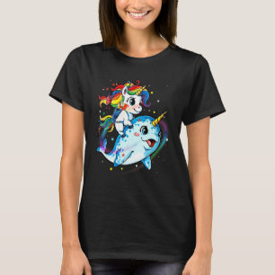 Unicorn Riding Narwhal Squad Girls Kids Rainbow T-Shirt