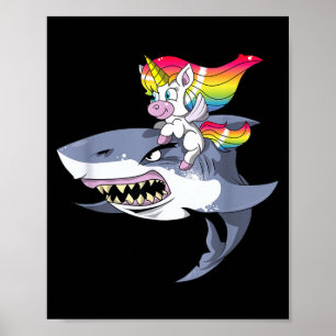 Unicorn Riding Shark Shirt Gift Girls Women Funny Poster