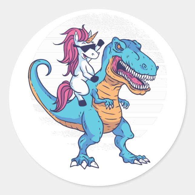 Unicorn Riding T-Rex Classic Round Sticker (Front)
