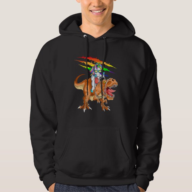 Unicorn Riding T rex Dinosaur Boys Girls Men Women Hoodie (Front)