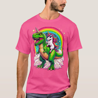 Unicorn Riding T-Rex Dinosaur Rainbow T-Shirt