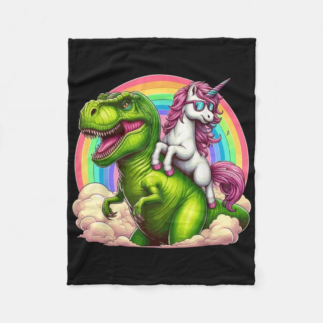 Unicorn Riding T-rex Dinosaur With Rainbow Fantasy Fleece Blanket (Front)