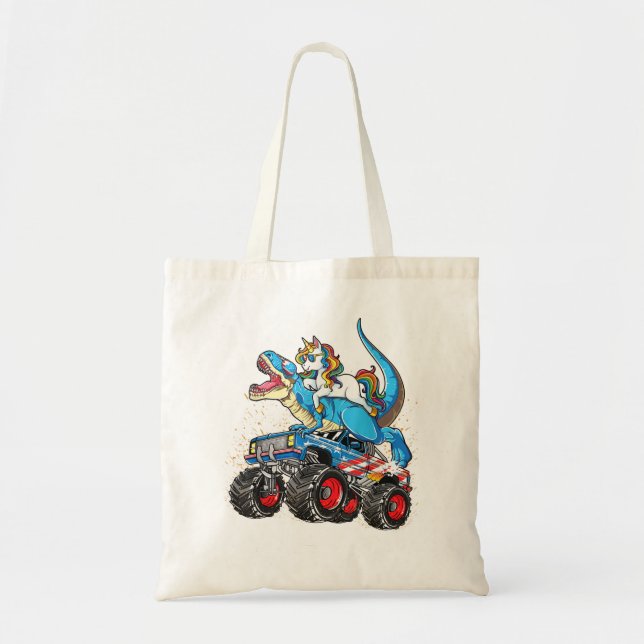 Unicorn Riding T rex Monster Truck Boys Girls Unic Tote Bag (Front)