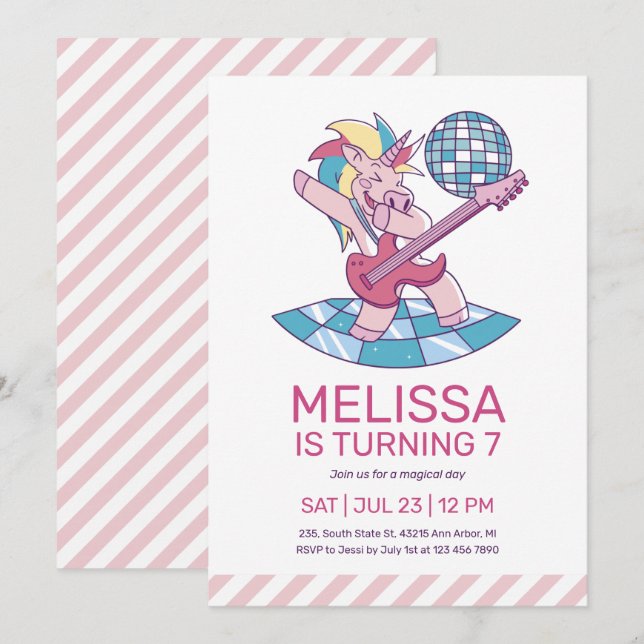 Unicorn Rockstar Singing Pink Kids Birthday Invitation (Front/Back)