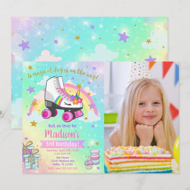 Unicorn Roller Skate Birthday Invitation (Front/Back)