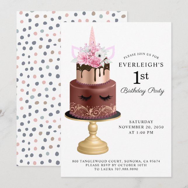 Unicorn Rose Gold Chocolate Cake 1st Birthday  Invitation (Front/Back)