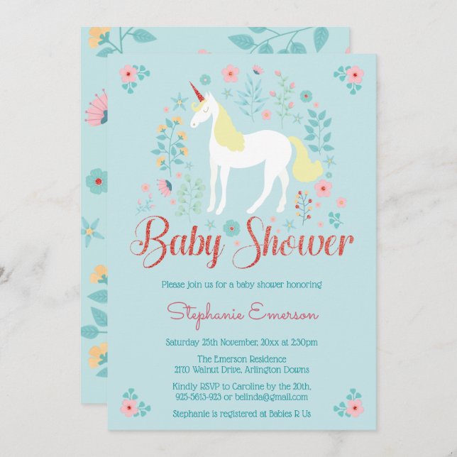 Unicorn Rose Gold Glitter Baby Shower Invitation (Front/Back)