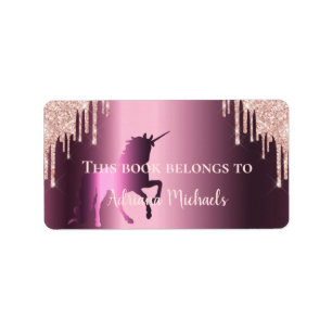 Unicorn rose gold glitter purple bookplate name label