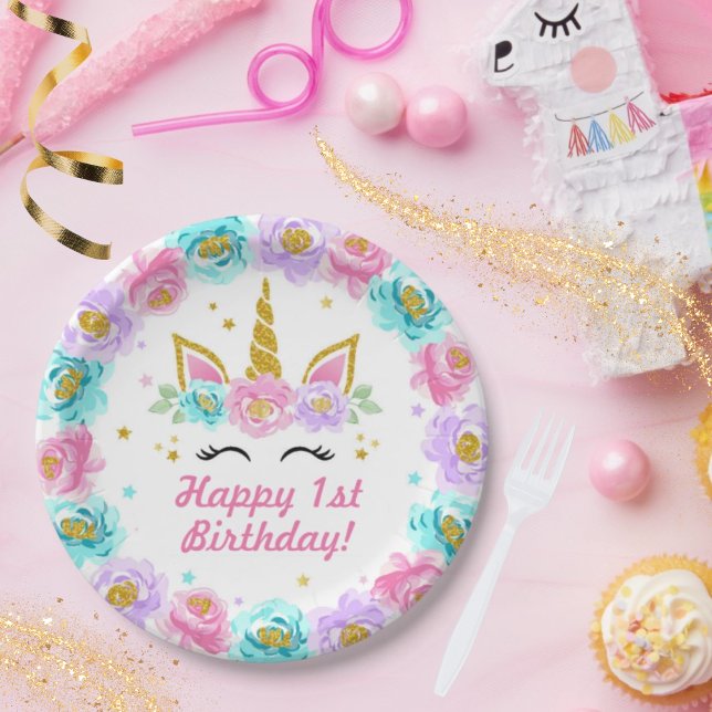 Unicorn Roses Happy Birthday  Paper Plate (Creator Uploaded)