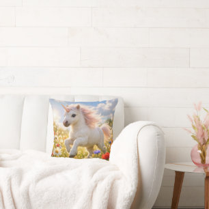 Unicorn Running In Wildflower Field Cushion