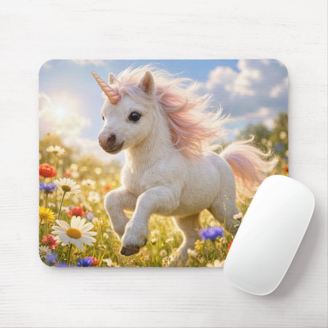 Unicorn Running In Wildflower Field Mouse Mat (With Mouse)