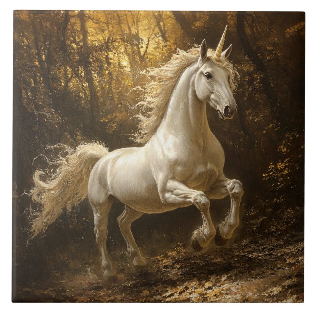 Unicorn Running Through The Forest Painting Tile (Front)