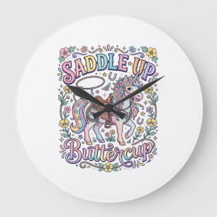 Unicorn Saddle Up Buttercup Colourful White Backgr Large Clock