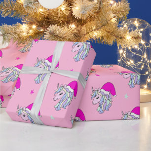 Unicorn Santa Christmas gift wrapping paper pink