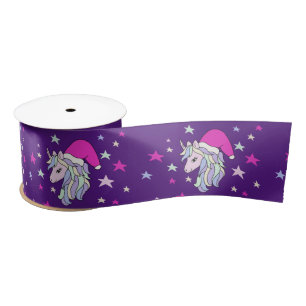 Unicorn Santa Christmas Hat Purple  Satin Ribbon