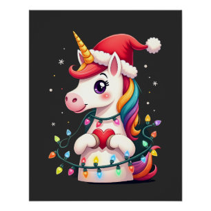 Unicorn Santa Hat Christmas T-Shirt (1) Poster