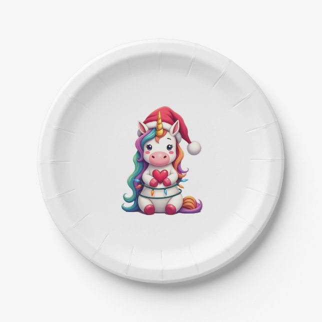 Unicorn Santa Hat Christmas T-Shirt (4) Paper Plate (Front)