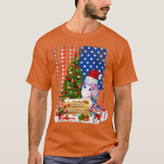 Unicorn Santa Hat & Xmas Tree American Flag Merry  T-Shirt