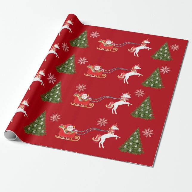 Unicorn Santa's Sleigh Snowflakes Christmas Tree Wrapping Paper (Unrolled)