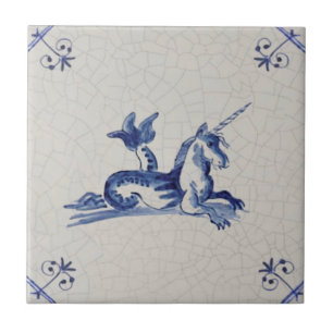 Unicorn Sea Creature Delft Blue 17th Century Repro Tile
