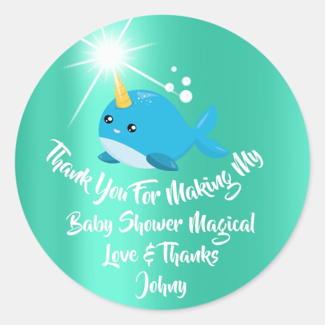 Unicorn Sea Whale Favour Thank Baby Shower Mint Bl Classic Round Sticker (Front)