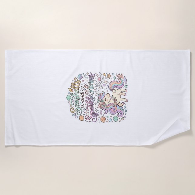 Unicorn Seashells and Sparkle Horns Premium Vector Beach Towel (Front)