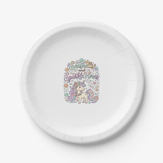 Unicorn Seashells and Sparkle Horns Premium Vector Paper Plate (Front)