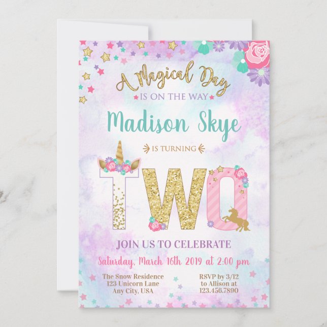 Unicorn Second Birthday Magical Day Invitation (Front)