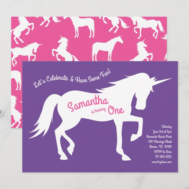Unicorn Silhouette 1st Birthday Party Pink Girls Invitation (Front/Back)