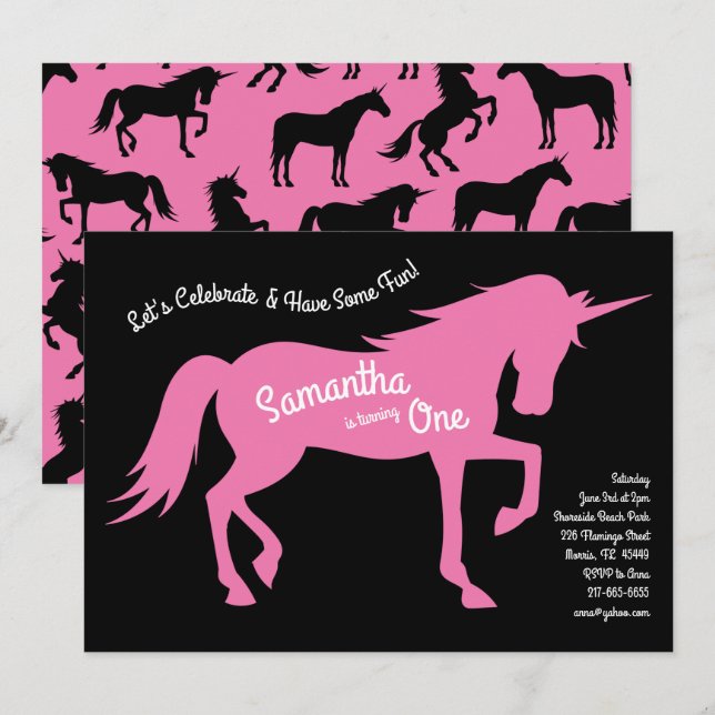Unicorn Silhouette 1st Birthday Party Pink Girls Invitation (Front/Back)