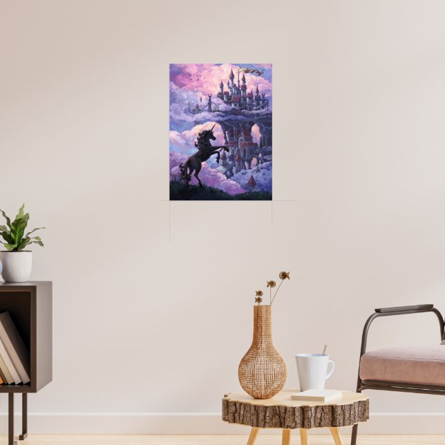 Unicorn Silhouette and Castle in Pink Clouds Poster (Living Room 3)